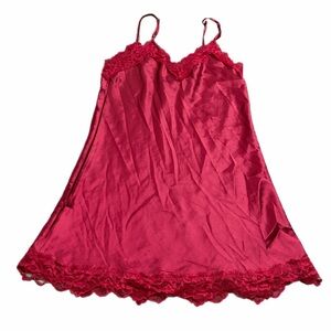 Y2K European Vintage Satin Babydoll Slip Dress with Lace Trim (Red/Pink) Small